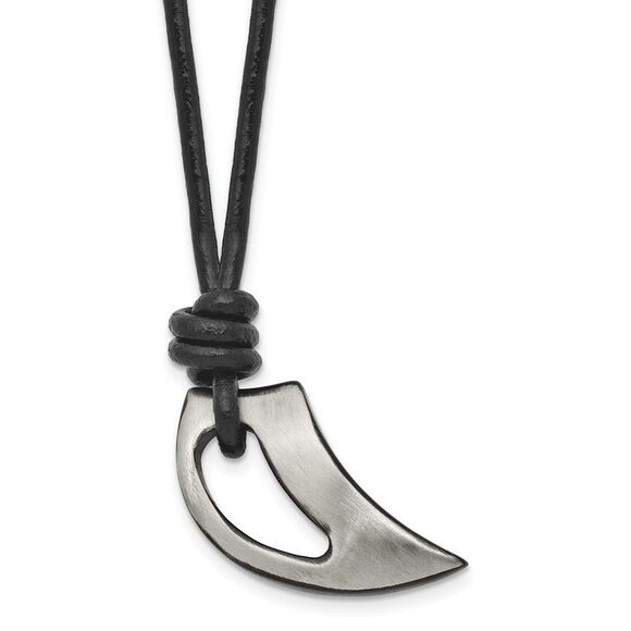 Black Plated Stainless Steel & Leather Brushed Claw Necklace 20 Inch